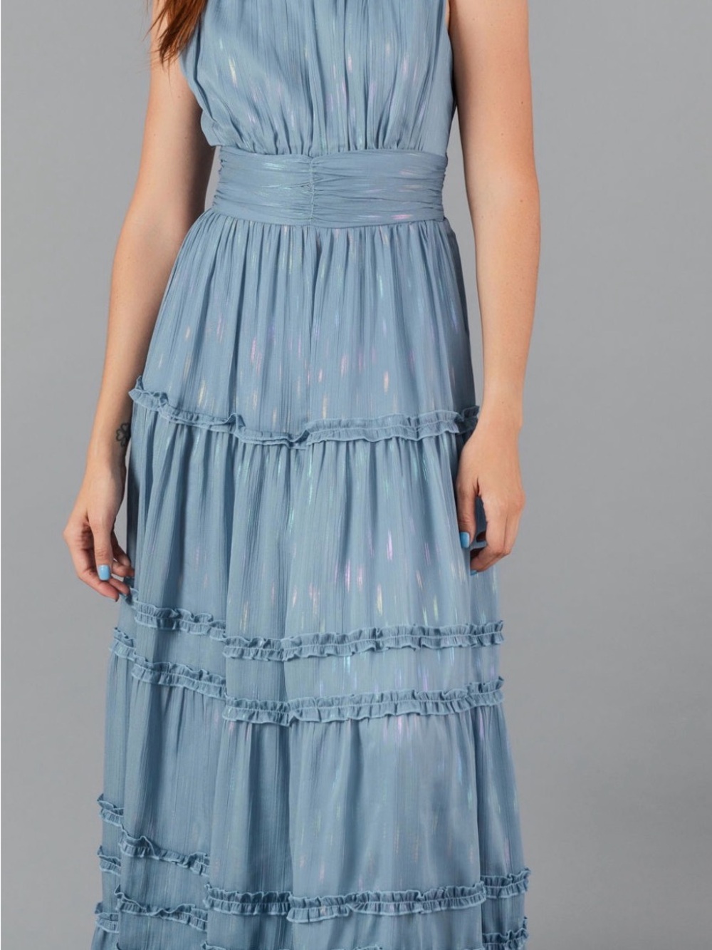 NEW-Aqua Light Blue Iridescent Ruffle Tiered Maxi Dress